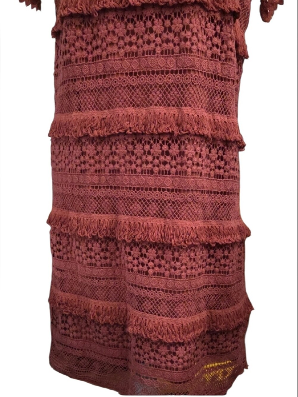 O2Sky Anthropologie Open Crochet Fringed Dress in Rust - Picture 4 of 6